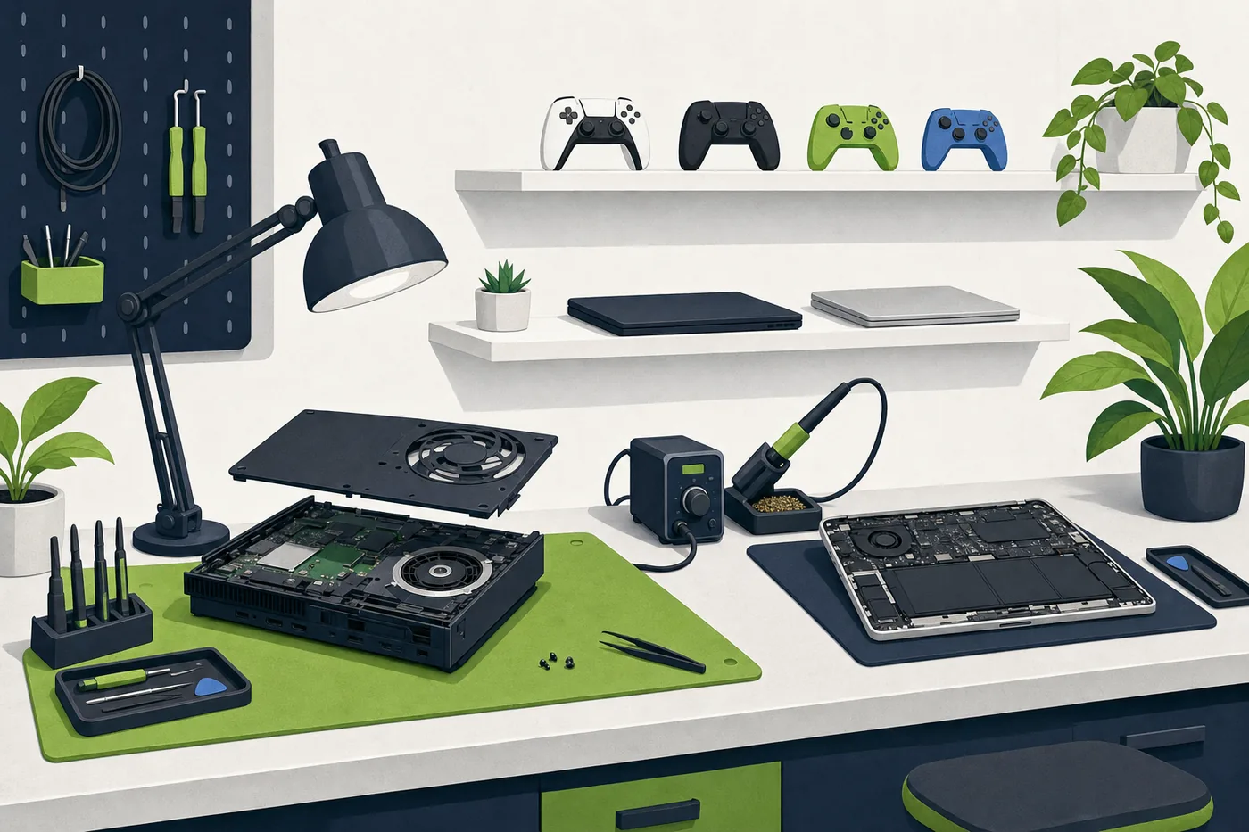 McDonough repair bench with an opened game console and a laptop mid-service, controllers on the shelf behind