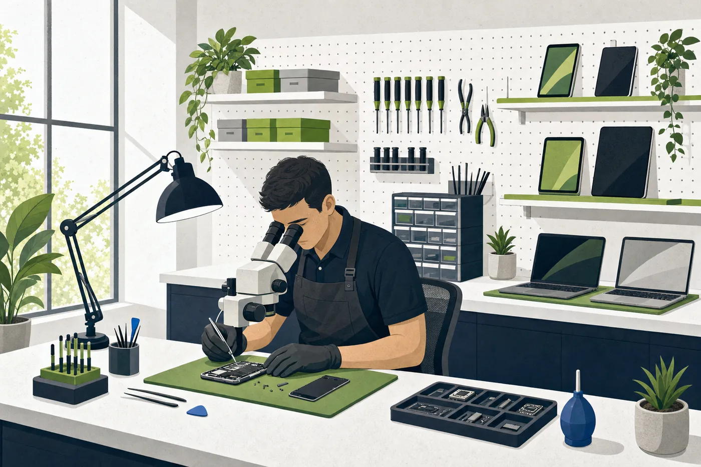 Technician working at a stereo microscope on the Valdosta repair bench, tools organized on a pegboard wall behind